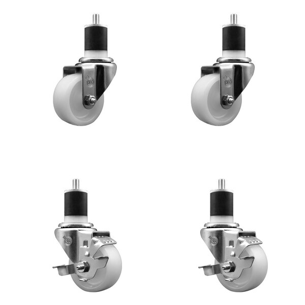 3'' Nylon Wheel Swivel 1-7/8'' Expanding Stem Caster Set 2 Brakes, 4PK